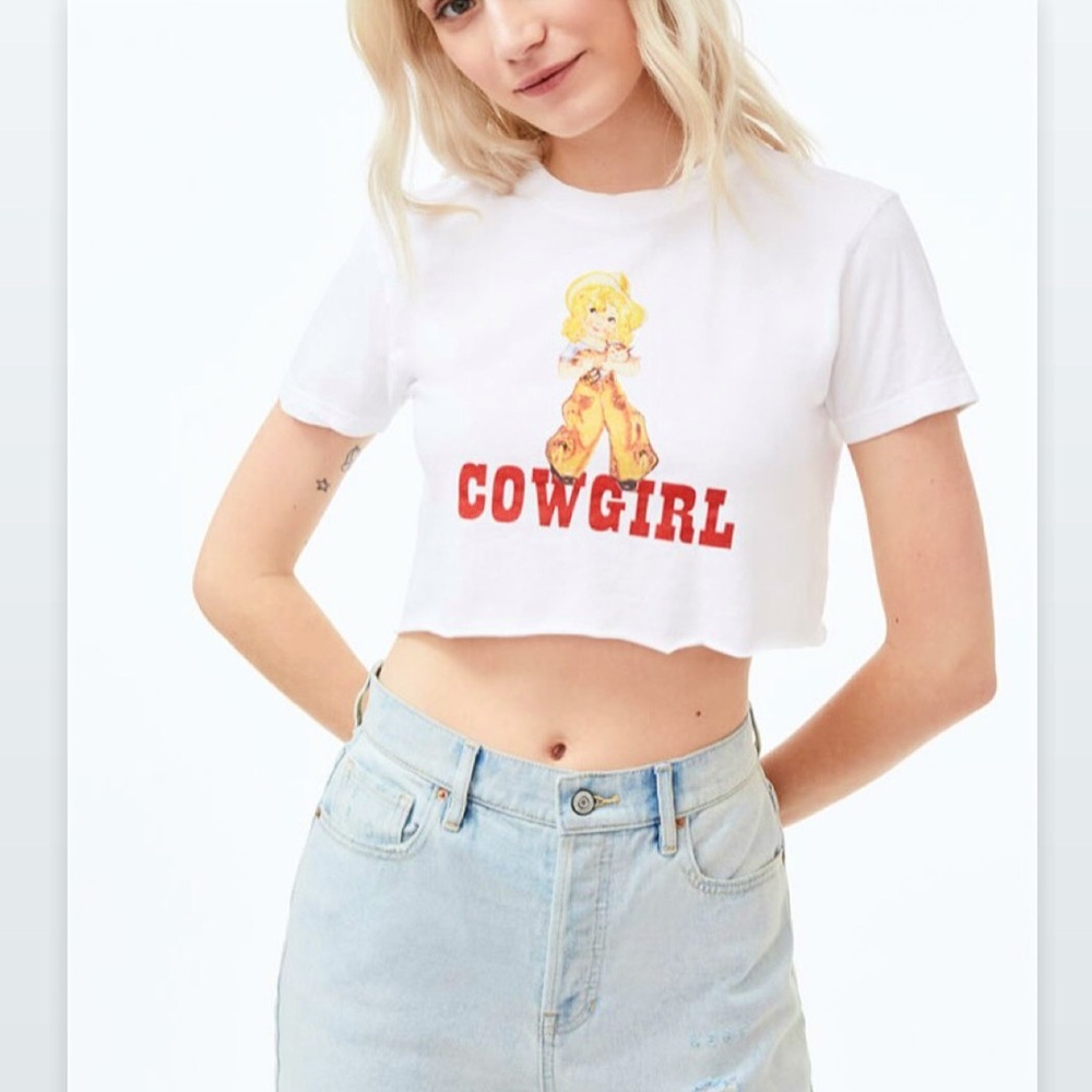 Brandy Melville White Cowgirl Graphic Cropped Tee Shirt